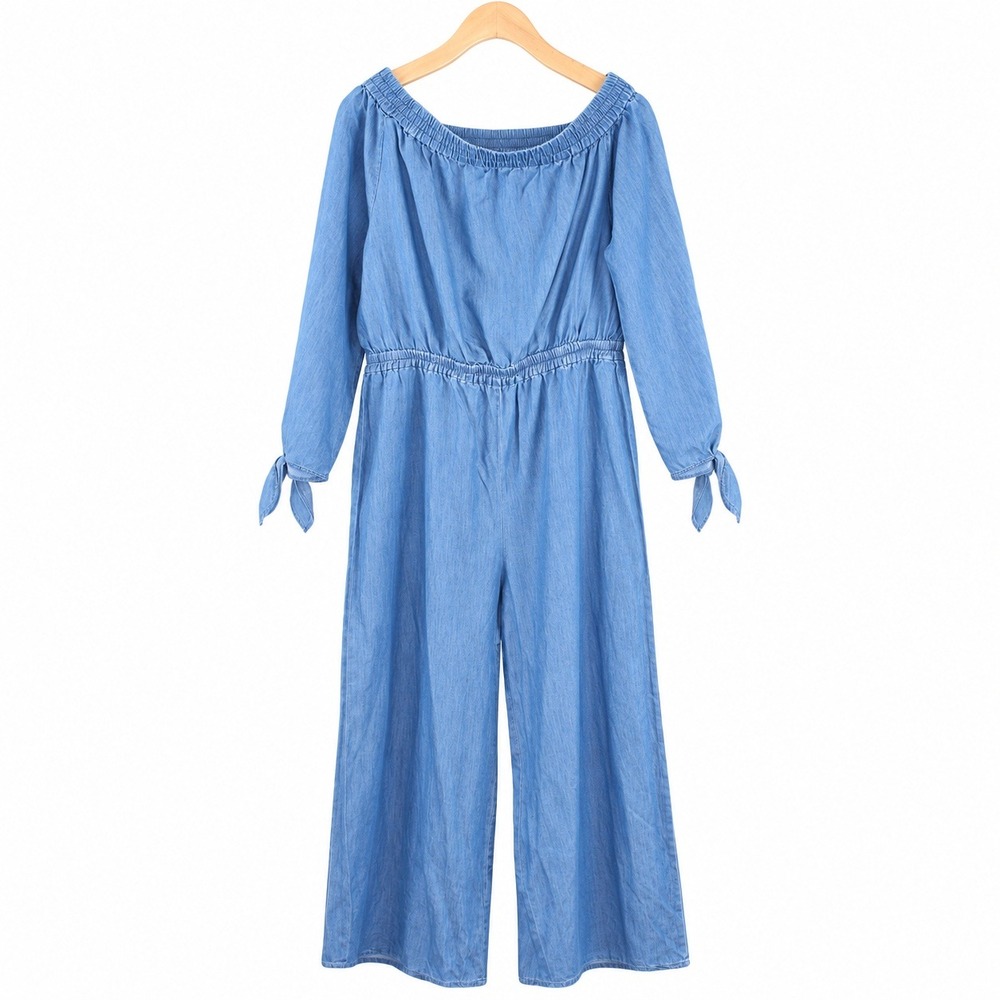 Michael Kors Womens Off Shoulder Denim Jumpsuit Light Cadet Wash MS280Y99HH L